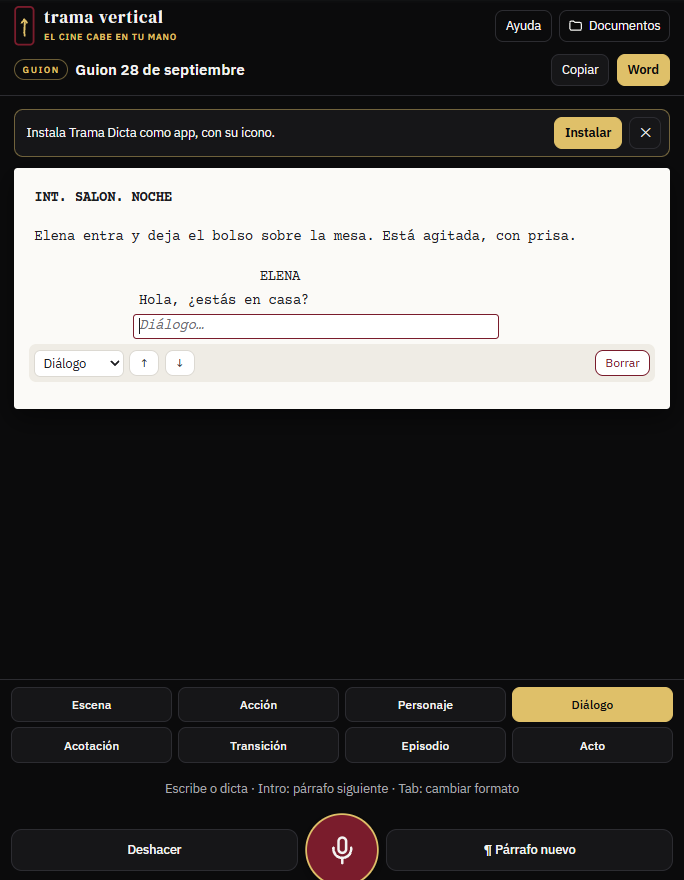 Interfaz de Trama Dicta con un guion en formato profesional y los botones de formato